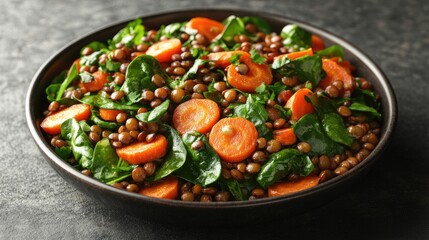 Lentil salad with spinach, carrot, and herbs in a bowl: promoting healthy eating