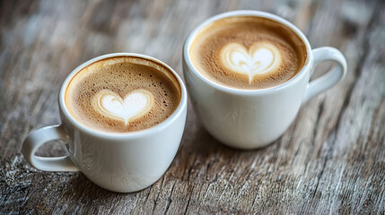 Warm morning coffee in heart shaped cups, perfect for sharing moments