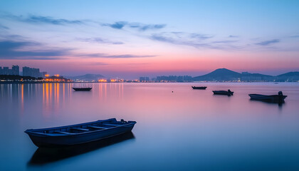 Peaceful Sunrise over City with Boats on Calm Water