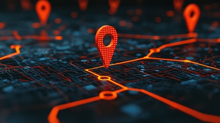 A digital map displaying illuminated red location pins connected by glowing lines, representing navigation or mapping technology.