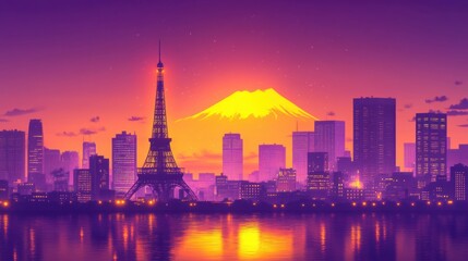 Obraz premium A stunning city skyline with a vibrant sunset view.