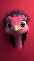 Fototapeta premium Pink ostrich peeking through torn red paper hole