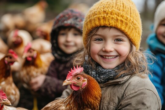 Smiling girl holding chicken on farm with friends in background