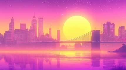 A vibrant sunset over a city skyline, reflecting hues of pink and yellow.