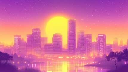 A vibrant sunset over a modern city skyline with reflective waters.