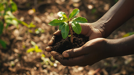 Close up of hands holding small tree sapling with soil, symbolizing growth and hope