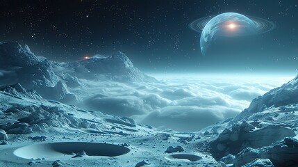 Frozen alien world with jagged icy mountains and a serene celestial backdrop in outer space.