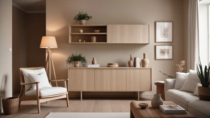 Minimalist living room with white sofa and coffee table near floor lamp with plant