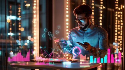 Innovative man using smartphone with digital data visualization in modern office. vibrant graphs and charts reflect dynamic work environment, showcasing technology and analytics