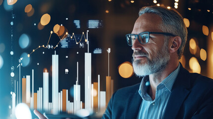 Innovative businessman analyzing data trends with digital graphs and charts, showcasing modern approach to business intelligence and decision making