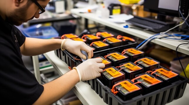 High energy density battery packs being put through extensive durability testing and evaluation in a research laboratory environment to assess performance safety