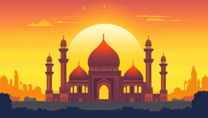 Majestic Mosque at Sunset: A Vibrant Silhouette Against the Golden Sky