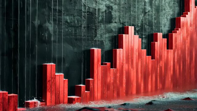 A video of a red bar chart displayed on a black background, representing data with various-sized bars, A waterfall chart showing changes in equity values