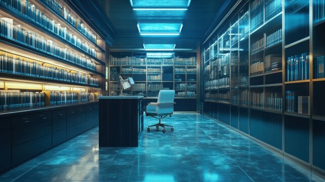 An opulent medical record room with a sleek, modern design and computerized filing systems.