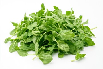 Fototapeta premium A pile of fresh green mint leaves on a white background, ideal for culinary use.