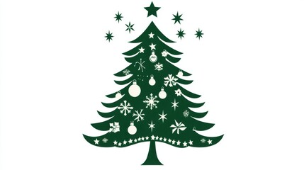 Green Christmas tree silhouette with ornaments and stars creating a simple festive design