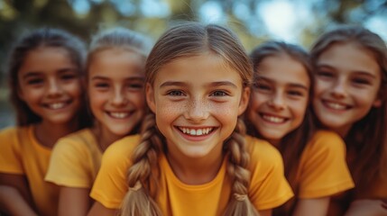 Fototapeta premium Joyful Group of Girls Smiling Brightly in a Park