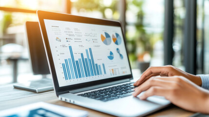 Data analysis and visualization on laptop screen, showcasing various charts and graphs. hands of person are engaged in typing, indicating active work in modern office environment