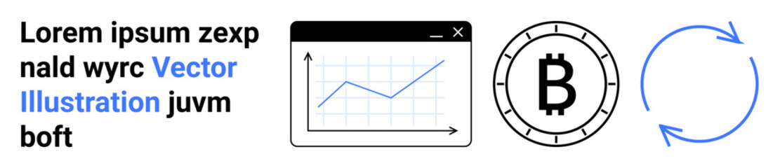 Computer graph on a screen, Bitcoin symbol, circular arrows. Ideal for cryptocurrency, trading, finance, investment, data analysis, digital currency, blockchain Landing page