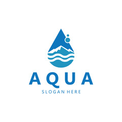 a blue logo with a mountain and water waves  water mountain logo  aqua logo  logo for business  mineral  natural