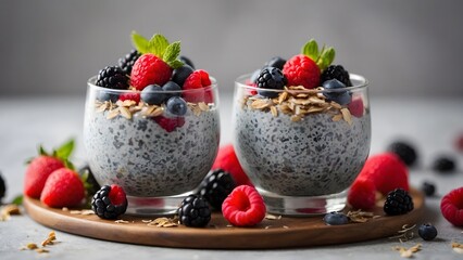 Two Elegant Desserts With Chia Seeds and Fresh Berries Arranged on a Wooden Serving Board