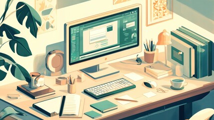 Cozy workspace with computer, books, and supplies.