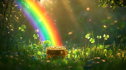 vibrant rainbow stretching into pot of gold surrounded by clovers