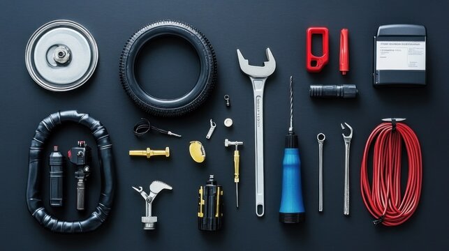 Top-down view of assorted vehicle repair tools and equipment.