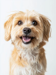 Close up portrait of smiling mixed breed dog with fluffy fur and bright eyes, exuding joy and warmth. This adorable canine captures hearts effortlessly