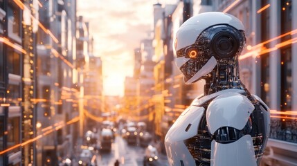 Naklejka premium Futuristic robot in a city street at sunrise.