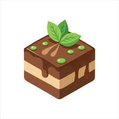 Brownie with Chocolate Drizzle and Mint Leaf Vector Art