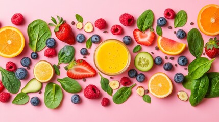 A Colorful Arrangement of Fresh Fruits, Berries, Spinach, and a Glass of Smoothie