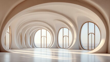 White tunnel interior built in a 3D-rendered empty room. Sleek and modern architecture with a futuristic look ideal for design presentations and creative concepts.