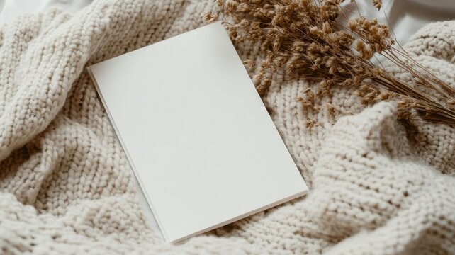 A5 blank white card mockup, white background with soft aestetic in the background, cozy theme