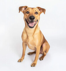 Obraz premium Happy medium sized tan dog sitting with joyful expression. This cheerful canine showcases friendly demeanor, perfect for pet lovers and animal enthusiasts