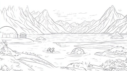 Fototapeta premium Line art illustration of a serene, mountainous landscape with a lake, dome structures, and penguins.