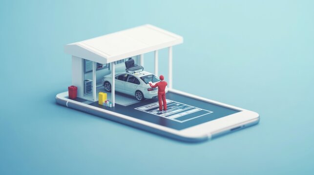 Miniature car service at a gas station depicted on a smartphone screen.