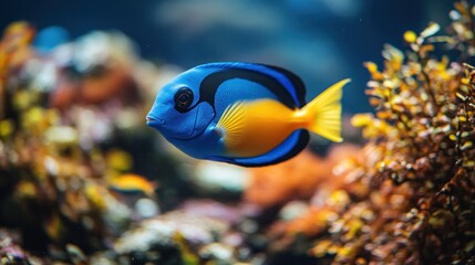 Obraz premium Vibrant blue and yellow tropical fish swimming amidst coral reef.