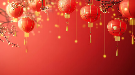 Festive red lanterns hanging against vibrant red background create joyful atmosphere