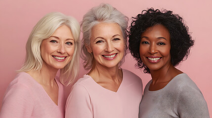 Three beautiful women smiling together, showcasing diversity and joy