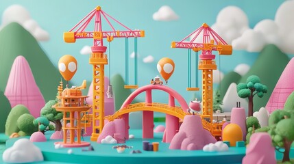 Fototapeta premium Colorful construction scene with cranes, bridges, and playful elements in a vibrant miniature landscape