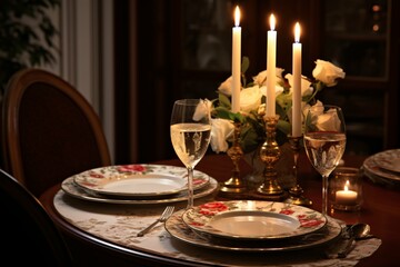A candlelit evening showcases a romantic dinner table for two, featuring flickering candles, fine china, and delicate glassware for a cozy ambiance.