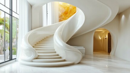 Modern white space design with a circular ceiling feature that rises through several floors, enhancing verticality and openness. Detailed 3D render.