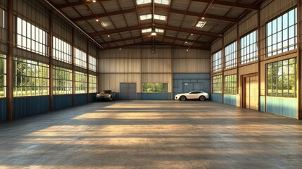 Sleek architectural design featuring modern futuristic aesthetics and a broad concrete floor, ideal for highlighting vehicles. Professional 3D render setup.