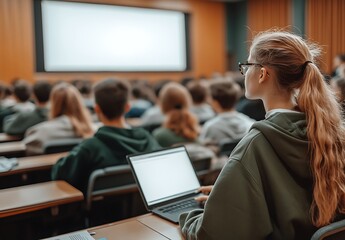Student using laptop in a lecture hall classroom