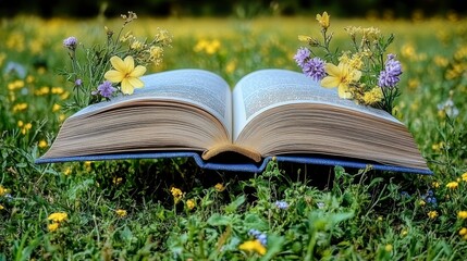 Summertime reading depicted in a bright collage of a book with flowers as bookmarks and floating pages. A conceptual art piece with a fun and modern twist.