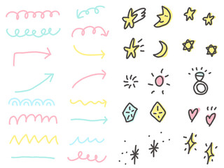 いたずら書き風の矢印・星・月・キラキラの可愛いアイコンセット