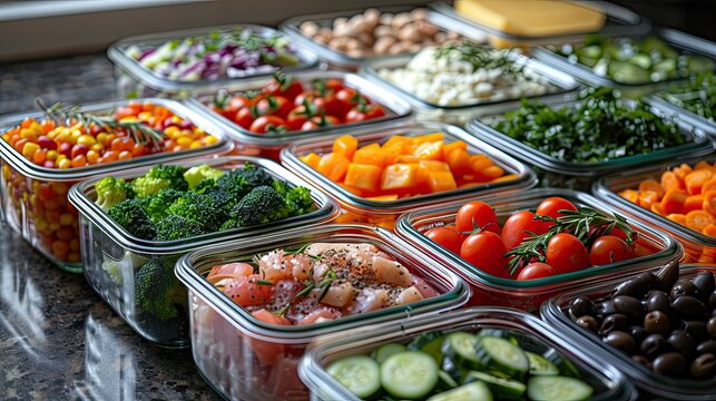 Buffet-style layout featuring trays of fresh salads and vibrant vegetables, ideal for a healthy dining experience.