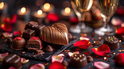 Close-up of rich, handcrafted chocolates among scattered rose petals on a dark surface.