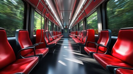 Empty modern red train carriage interior with natural light. Sunlight streams through the windows.